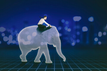 Businessman riding an elephant in the metaverse