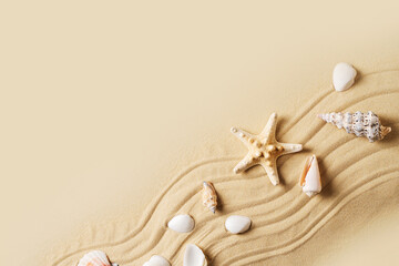Summer vacation and beauty sand mock up with starfish and sand on beige background