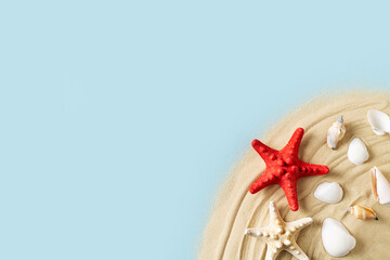 Summer vacation and beauty sand mock up with starfish and sand on blue background