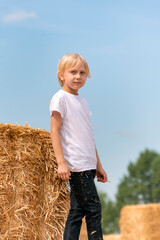 Naklejka na ściany i meble Blond schoolboy standing on haystack. Full-length portrait of boy near the sheaf of hay in the village.