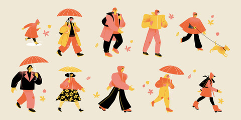 Hello, Autumn! Set of vector illustrations of people in warm clothes with umbrellas
