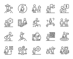 Business people line icons. Leadership flag, person skill and maze labyrinth set. Goal flag, management strategy and human skill line icons. Business leadership, social target, collaboration. Vector