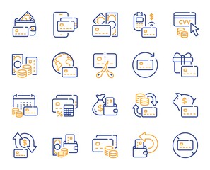 Credit card line icons. Payment card terminal, bankrupt and contactless pay set. Bank atm exchange, cut credit card and CVV code line icons. POS terminal, online bank payment, wallet. Vector