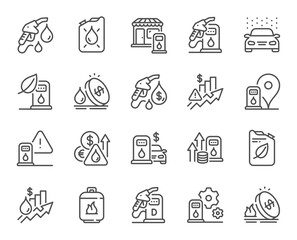 Gas station line icons. Petrol canister, diesel fuel and gas cylinder set. Eco leaf, Fuel station and petrol canister line icons. Liquefied gas, rising prices and oil energy. Vector