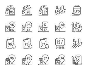 Filling station line icons. Petrol canister, B7 diesel fuel and gas cylinder set. Lpg, fuel filling station and 95 petrol canister line icons. Liquefied gas, rising prices and oil energy. Vector