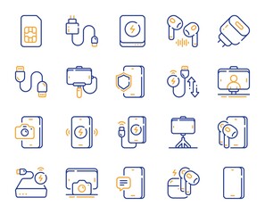 Mobile accessories line icons. Sim card, selfie stick and wireless charger set. Power bank battery, mobile headphones and usb type-c cable line icons. Fast charger, phone accessories. Vector