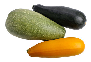 Delicious healthy vegetable, three zucchini of different colors, isolated on white background