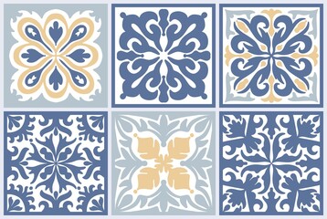Vector Seamless Moroccan mosaic Tile with colorful Patchwork. Vintage blue Portugal azulejo, Mexican talavera, Italian majolica Ornament, Arabesque motif or spanish ceramic Mosaic