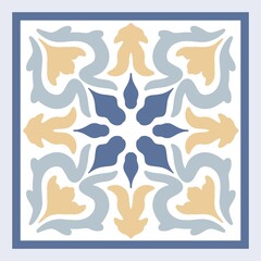 Vector Portuguese pottery tile with ceramic floral ornament. Vintage blue Portugal azulejo, Mexican talavera, Italian majolica, Arabesque motif or spanish ceramic Mosaic