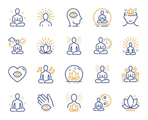 Yoga meditation line icons. Body balance, person relax and energy meditation set. Mind harmony, health meditate and self concentrate line icons. Listen relax sound, yoga mind therapy. Vector