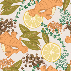 Seamless pattern Set of spices for fish Ginger, Bay leaf, Allspice, Thyme, lemon, Mustard, Dill. Top view. Flat style