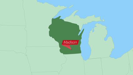 Map of Wisconsin with pin of country capital.