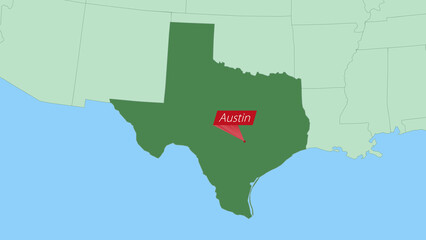 Map of Texas with pin of country capital.