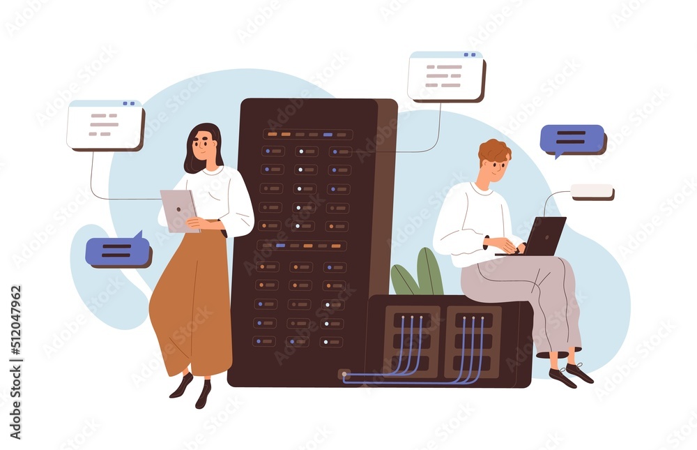 Aufkleber CMS development, abstract software architecture, information technology work concept. Administration, management of content system and data base. Flat vector illustration isolated on white background