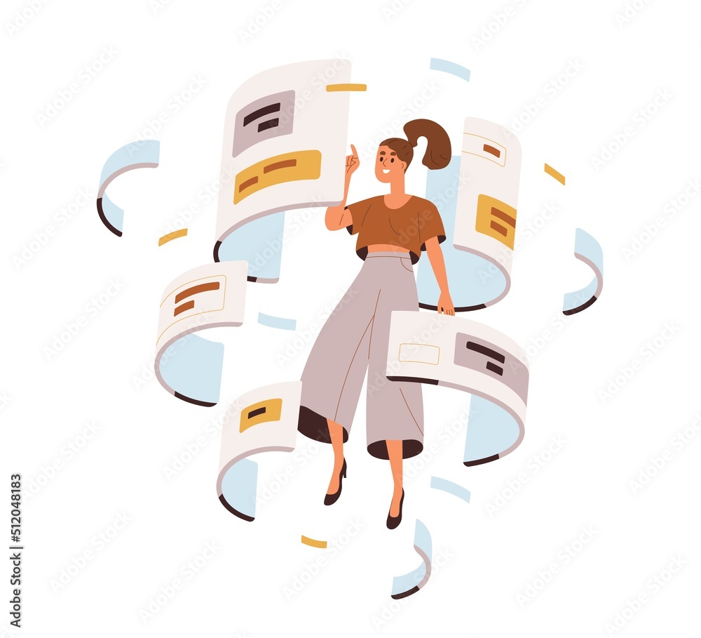 Poster CMS development process concept. Work with content management system. Abstract software administration. Online information twirl, data flow. Flat vector illustration isolated on white background