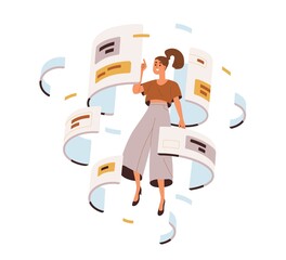 CMS development process concept. Work with content management system. Abstract software administration. Online information twirl, data flow. Flat vector illustration isolated on white background