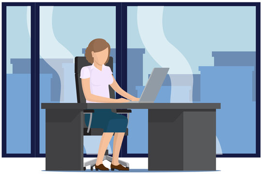 Workplace of woman with digital pc. Office worker sitting at table with modern device, businesswoman and technology. Female employee sitting at desk and using gadget for work or studying