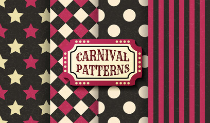 Set of carnival retro vintage seamless patterns. Textured old fashioned circus wallpaper templates. Collection of vector texture background tiles. For parties, birthdays, decorative elements.