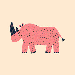 Pink funny rhino hand drawn vector illustration. Isolated cute safari animal in flat style for kids logo or icon.