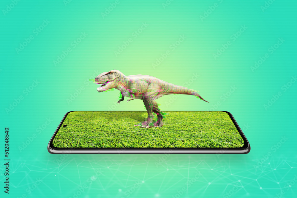 Wall mural 3d projection of a dinosaur from a mobile phone display concept. augmented reality in education