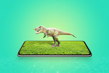 3d projection of a dinosaur from a mobile phone display concept. Augmented reality in education © Stanisic Vladimir