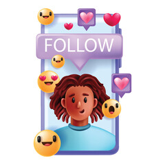 Fototapeta premium 3D social media concept, vector follow bubble, smartphone screen, love heart sign, smiling man. Internet online communication app, user avatar page, network message. Social media marketing clipart