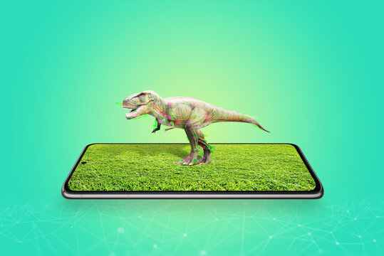 3d projection of a dinosaur from a mobile phone display concept. Augmented reality in education