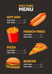 Fast food menu template on black background in cartoon vector style. Restaurant menu template with dark background. Cafe price list. Pizza, burger, hot dog, french fries