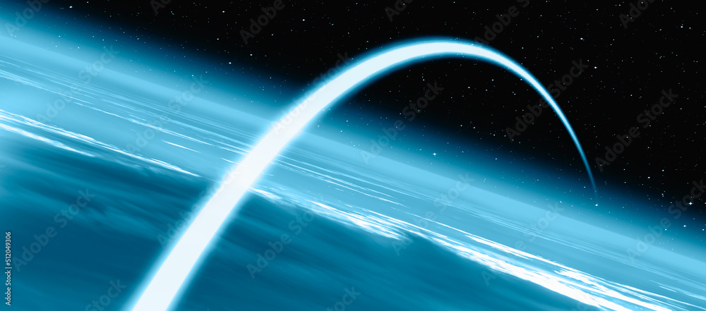 Poster long exposure night time rocket launch - planet earth with a spectacular sunset 