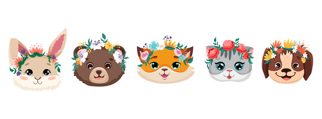 Cute animal faces with flower crowns. Vector cartoon illustrations for nursery design, birthday greeting cards, baby shower posters and children print textile. Rabbit bear fox cat and dog
