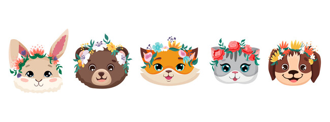 Obraz premium Cute animal faces with flower crowns. Vector cartoon illustrations for nursery design, birthday greeting cards, baby shower posters and children print textile. Rabbit bear fox cat and dog