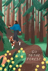 Tragetasche Woman and dog walking in forest. Summer nature landscape card background with trees in woods, person and pet. Girl strolling in woodland on holidays, weekend. Colored flat vector illustration © Good Studio
