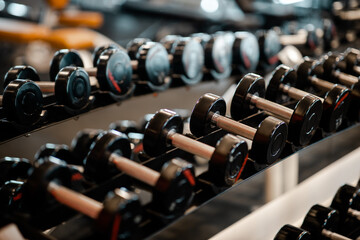 Background of rows of dumbbells in the gym, Lifestyle and sport exercise concept.