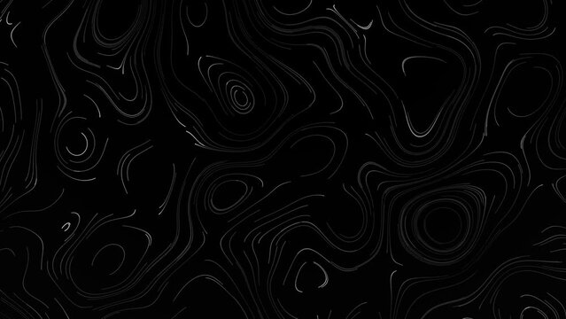 Top view of moving white lines with rounded shapes. Abstract vision of height differences with white lines on a black background