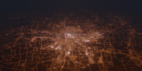 Street lights map of Lugansk (Ukraine) with tilt-shift effect, view from south. Imitation of macro shot with blurred background. 3d render, selective focus