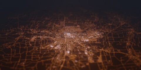 Street lights map of Lugansk (Ukraine) with tilt-shift effect, view from south. Imitation of macro shot with blurred background. 3d render, selective focus