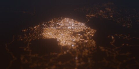 Street lights map of Manaus (Brazil) with tilt-shift effect, view from north. Imitation of macro shot with blurred background. 3d render, selective focus