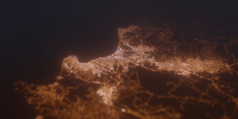 Street lights map of Vina del Mar (Chile) with tilt-shift effect, view from south. Imitation of macro shot with blurred background. 3d render, selective focus