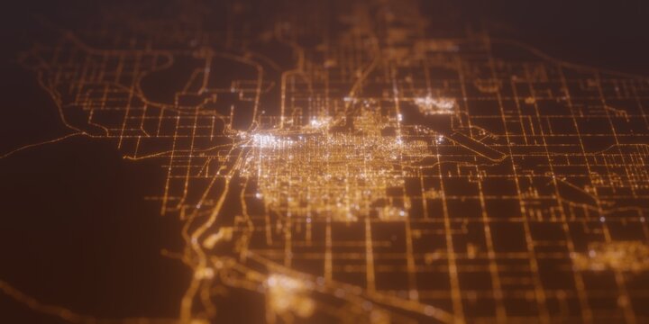 Street lights map of Yuma (Arizona, USA) with tilt-shift effect, view from west. Imitation of macro shot with blurred background. 3d render, selective focus