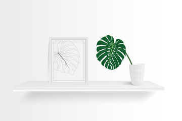 wood frame photo on empty wooden shelf with monstera leaf