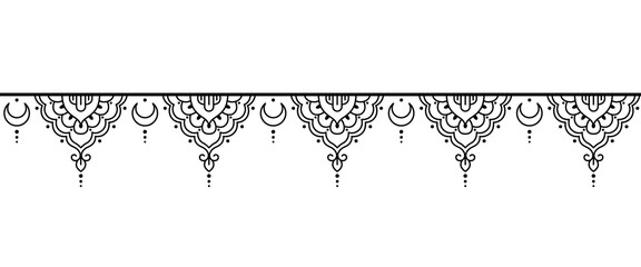 Seamless border pattern for Mehndi, Henna drawing and tattoo. Decoration in ethnic oriental, Indian style. Decorative pattern in ethnic oriental style. Outline hand draw vector illustration.