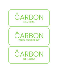 Carbon neutral, zero carbon footprint, carbon credit labels icon set isolated on white. Green eco friendly environment CO2 emission reduction banners for your designs. Greenhouse gas reduction concept