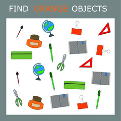 Find the  orange stationery for school character among others. Looking for orange. Logic game for children.
