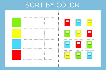 Connect the name of the color and the character of the stationery for school. Logic game for children.

