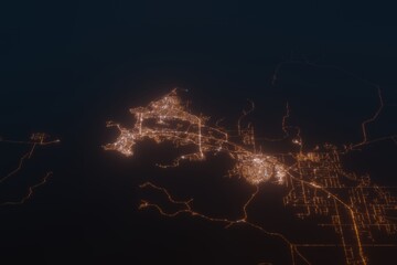 Aerial shot of Darwin (Australia) at night, view from south. Imitation of satellite view on modern city with street lights and glow effect. 3d render