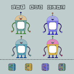 Cut out and glue the part of the robot to its pair.Preschool worksheet, kids activity worksheet, printable worksheet
