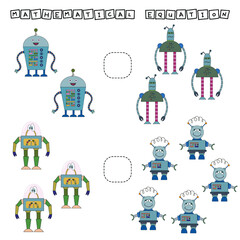 ​​Which is greater, less or equal game with funny  robots. Worksheet for preschool kids, kids activity sheet, printable worksheet