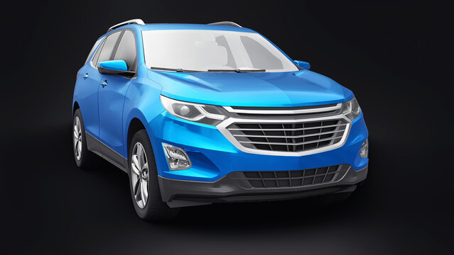 San Diego. USA. January 3, 2022. Chevrolet Equinox 2017. Blue mid-size city SUV for a family on a black background. 3d rendering.