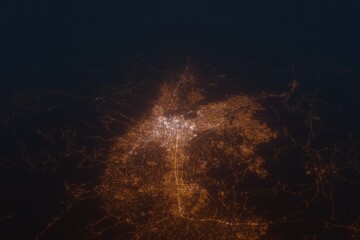 Aerial shot on Cochabamba (Bolivia) at night, view from west. Imitation of satellite view on modern city with street lights and glow effect. 3d render