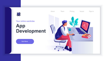 App development concept 3d isometric web banner with people scene. Man works at laptop in office, creates interface layout for application. Vector illustration for landing page and web template design